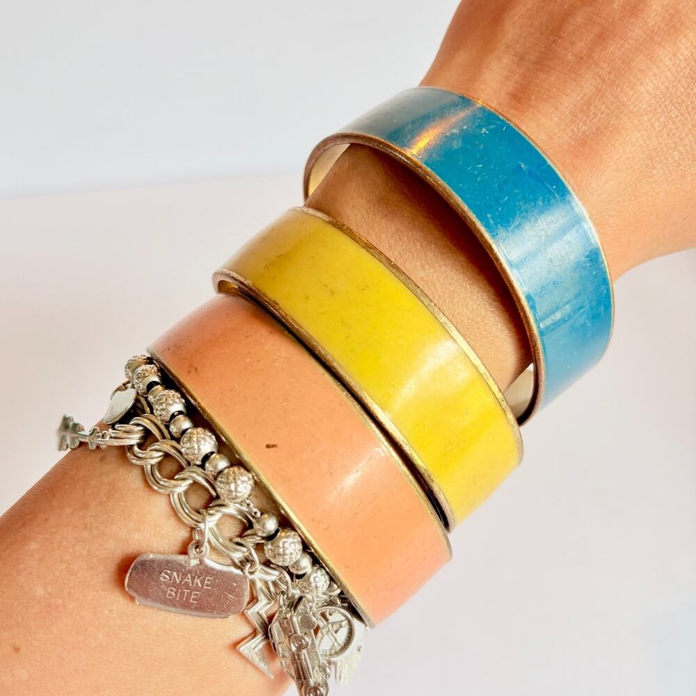 Enamel Bangle Bracelets Set Brass Blue Yellow Peach Vintage Stackable